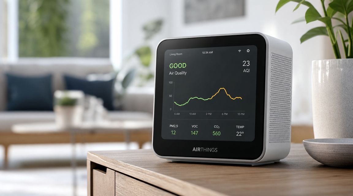 A modern Airthings air quality monitor displaying data on a wooden table in a bright living room.