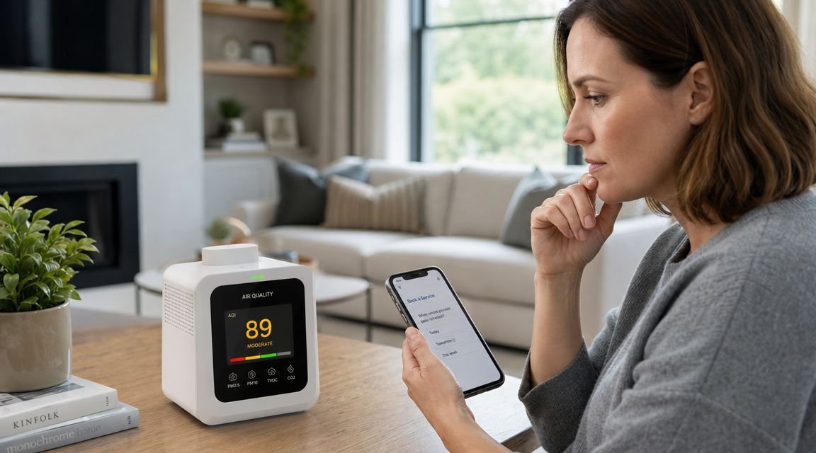 A woman looks at her smartphone next to an air quality monitor on a living room table.