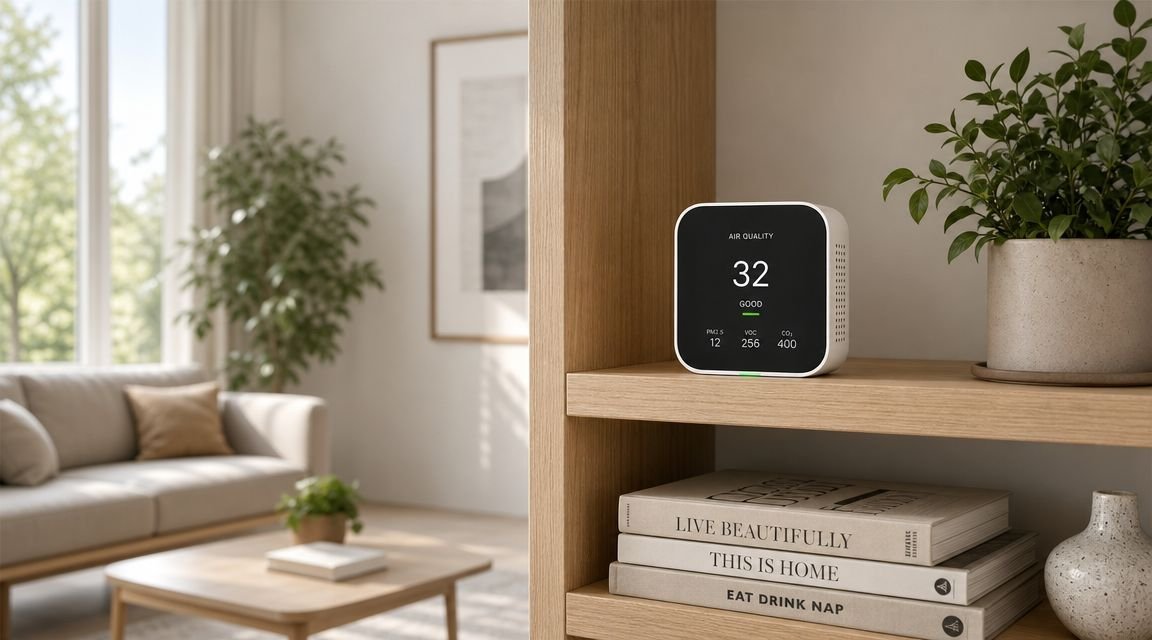 A sleek digital air quality monitor displaying good air status on a wooden shelf in a modern living room.