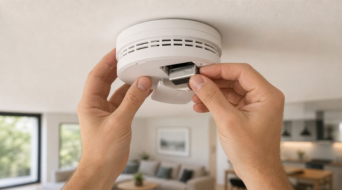 A person changing the battery in a white smoke detector mounted on a residential ceiling.