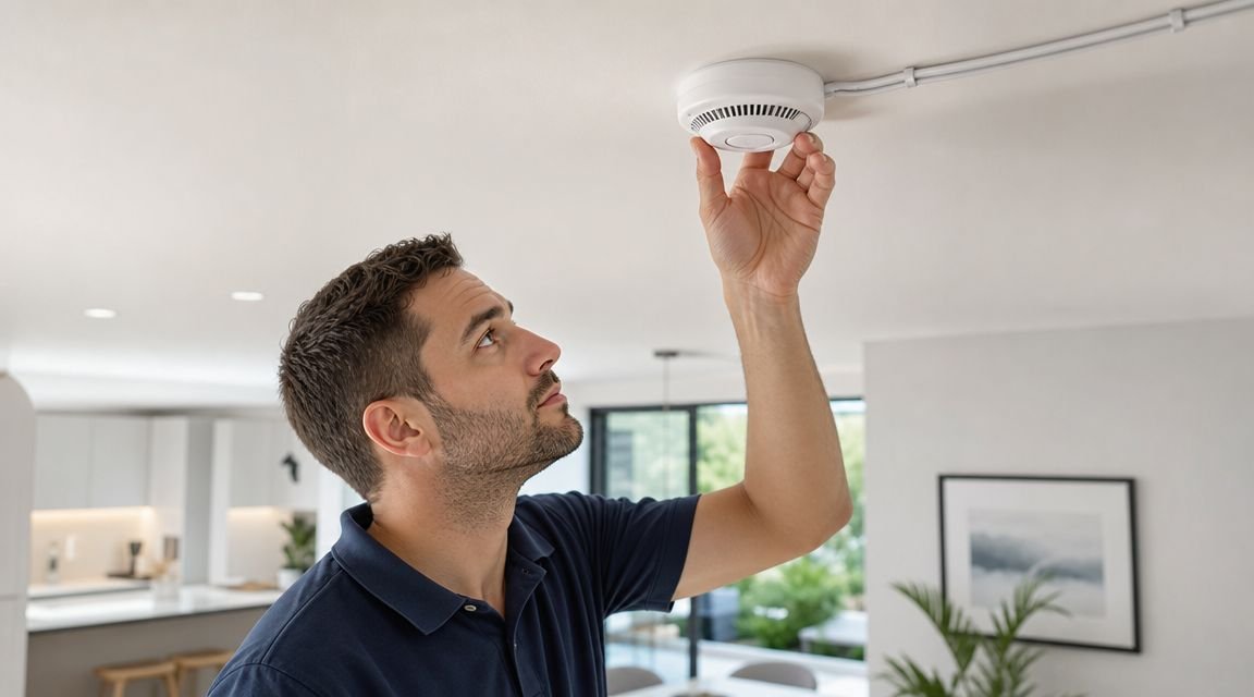 A man in a blue shirt inspecting a smoke detector mounted on a white ceiling in a room.