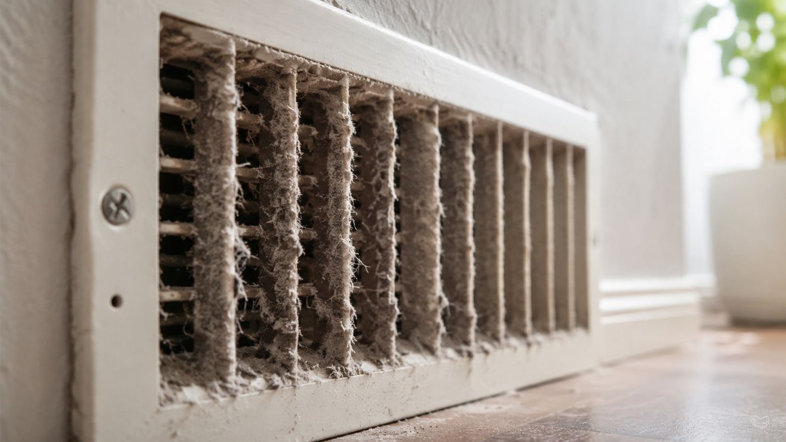 A close-up view of a dusty and dirty floor air vent covered in thick accumulated dust.