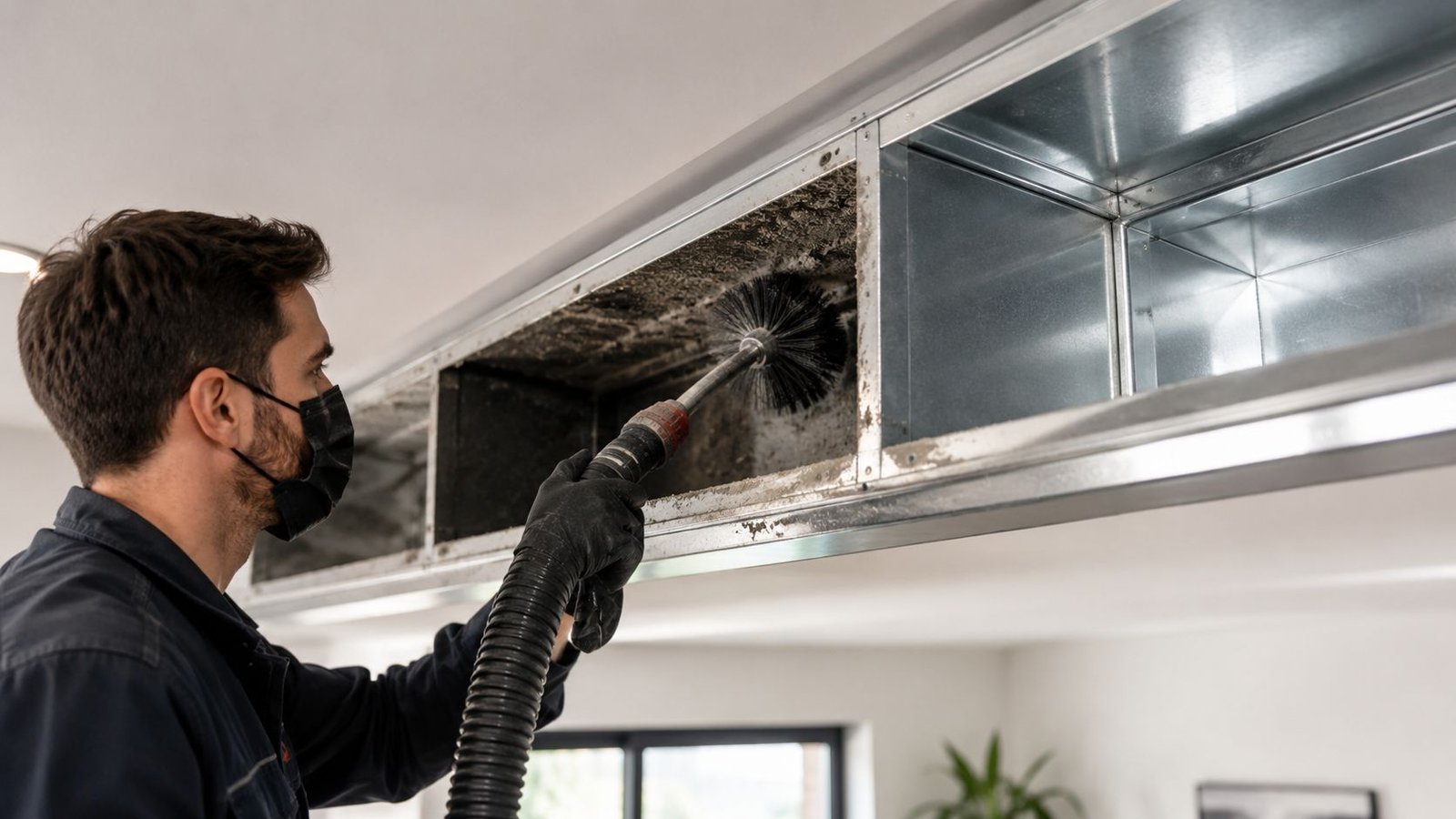 A professional technician wearing a face mask cleans a dusty residential air duct using a vacuum brush.