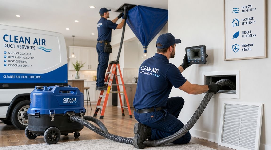 Two professional technicians in branded uniforms perform thorough residential air duct cleaning services inside a home.