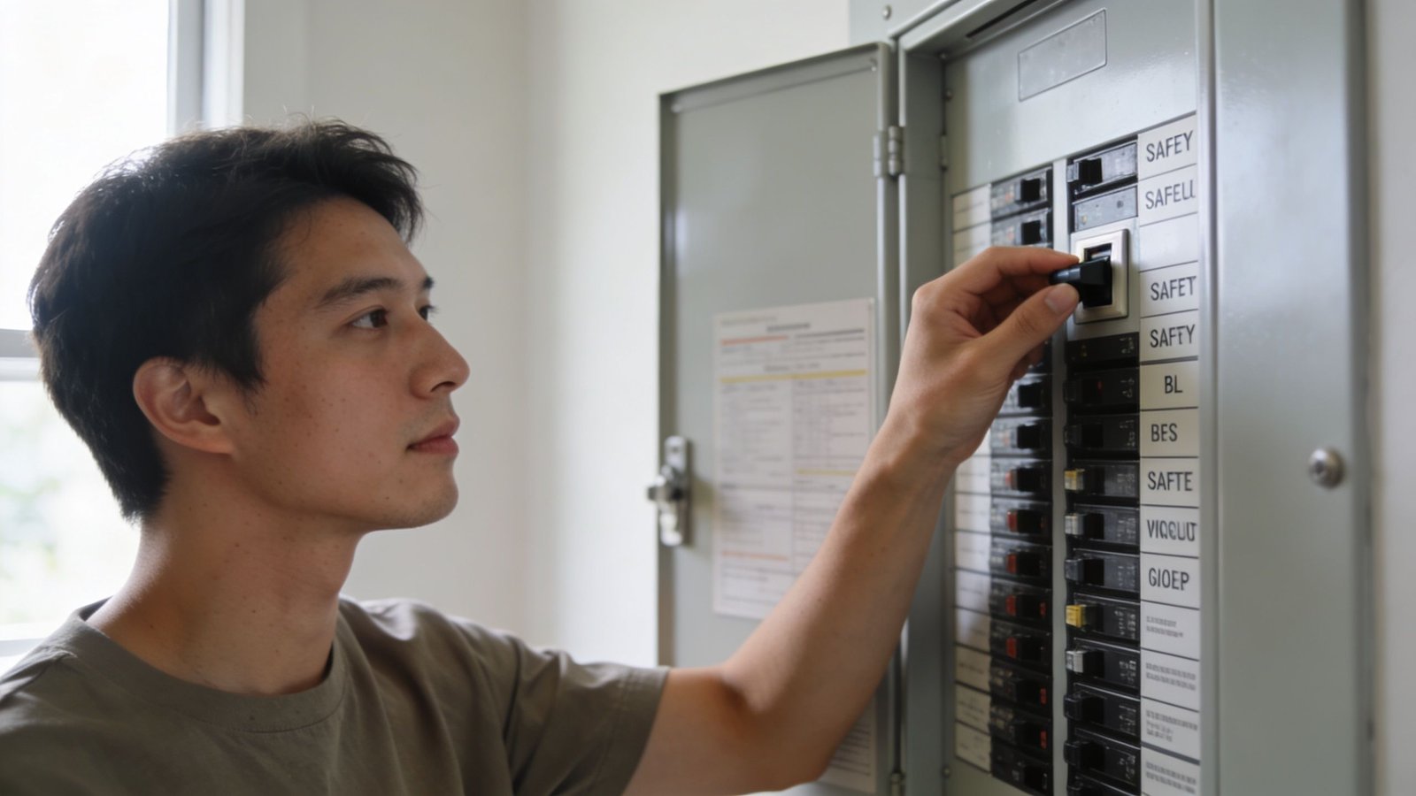 A young man carefully flipping a circuit breaker switch inside a home electrical panel box.