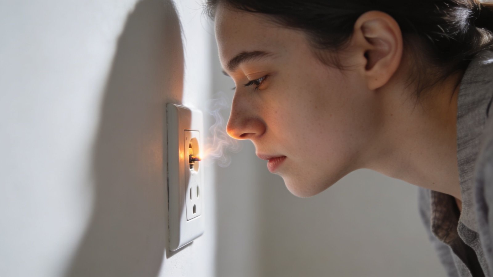 A concerned woman leaning in close to inspect smoke rising from a damaged electrical wall outlet.