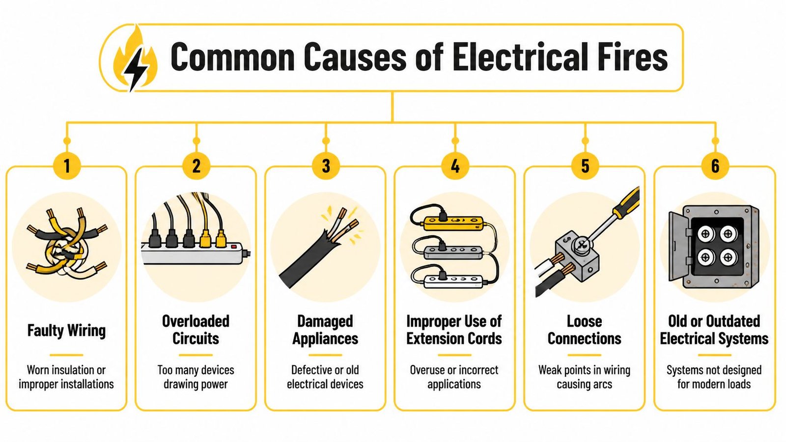 A diagram illustrating six common causes of residential electrical fires, including faulty wiring and overloaded circuits.