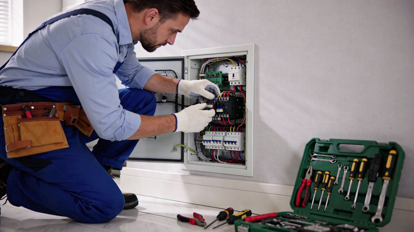 A professional electrician in blue uniform repairing an electrical panel at a wall with tools nearby.