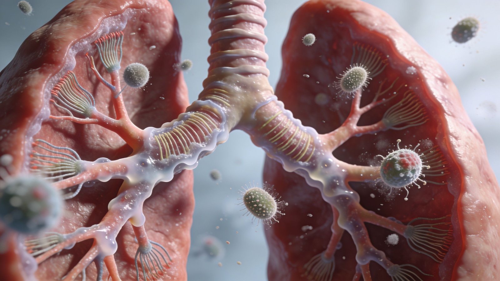 A 3D medical illustration showing human lungs infected by microscopic fungal spores or viral particles.