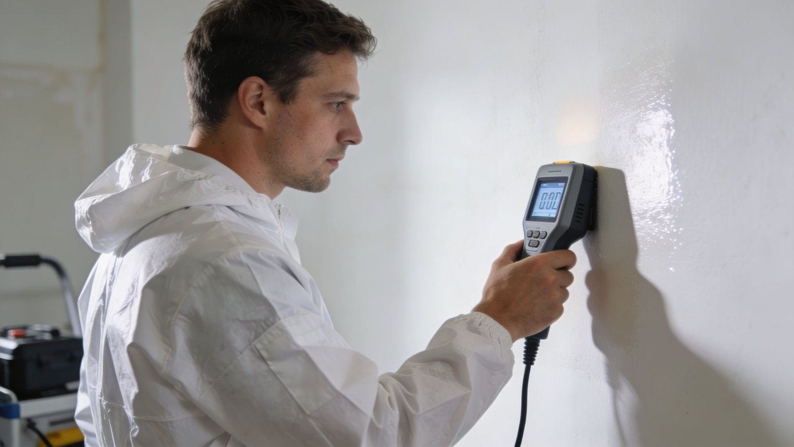 A professional technician in a protective suit testing a wall for moisture or mold using a device.