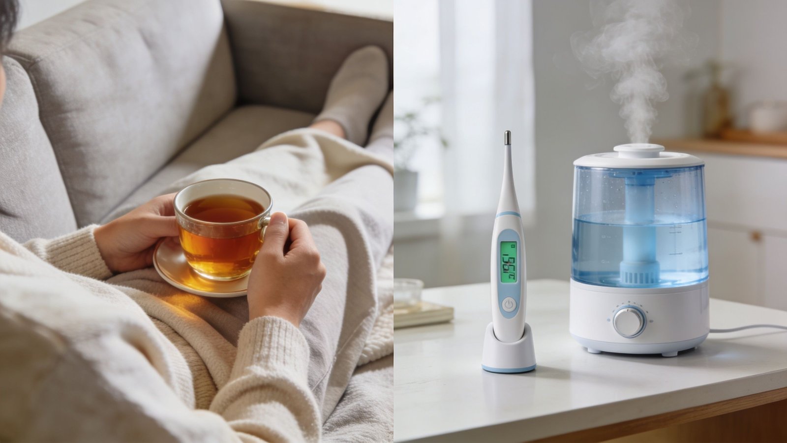 A person resting with tea while a thermometer and humidifier sit on a table nearby.