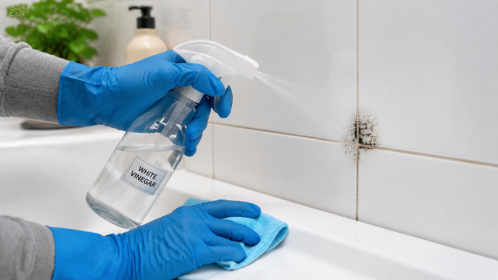 A person wearing blue gloves cleaning black mold off bathroom tiles with white vinegar spray.