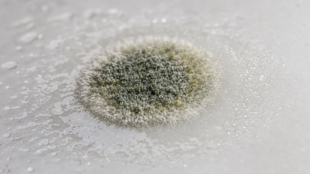 A close-up view of a circular fungal mold colony growing on a damp white surface.
