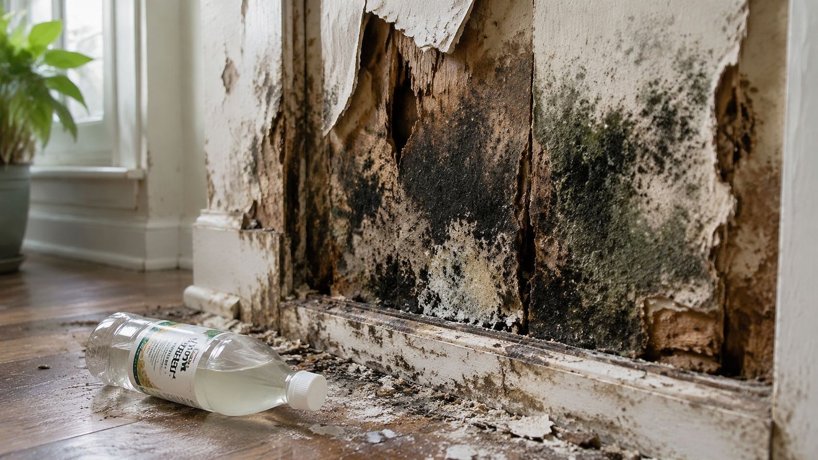 A clear plastic bottle of white vinegar sitting on a hardwood floor next to a moldy wall.