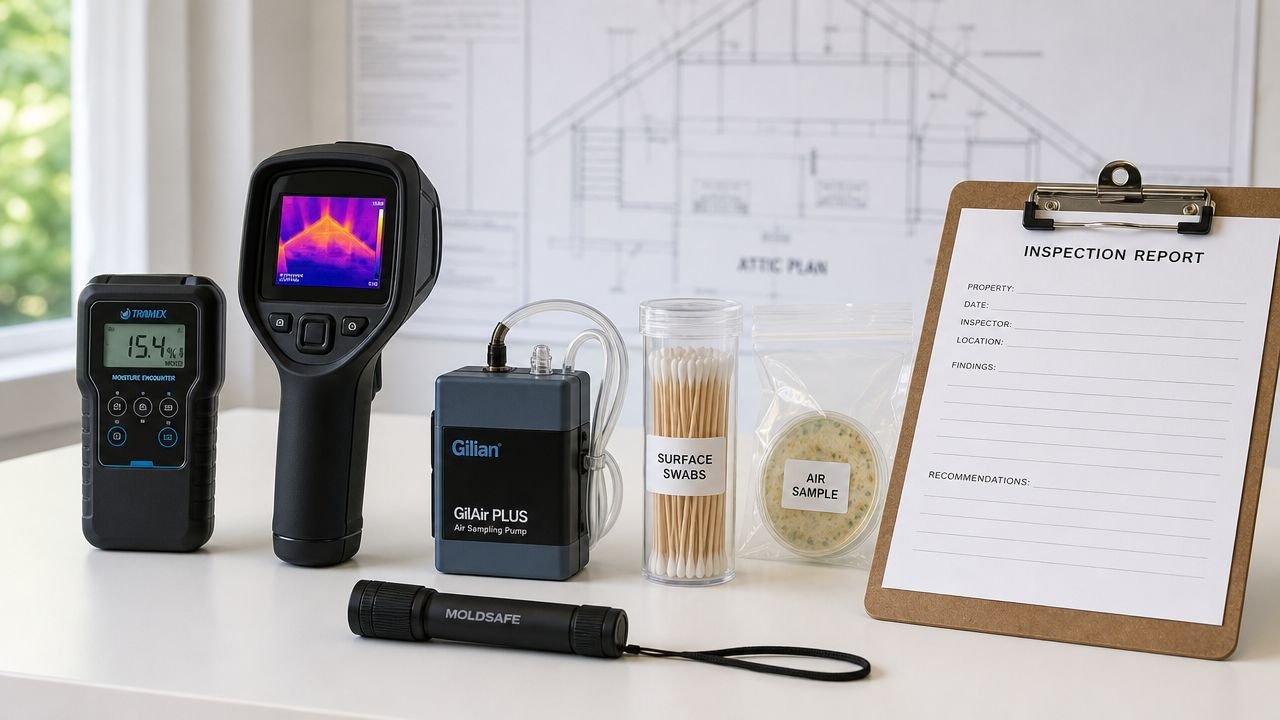 A professional mold inspection kit including a moisture meter, thermal camera, air pump, and inspection paperwork.