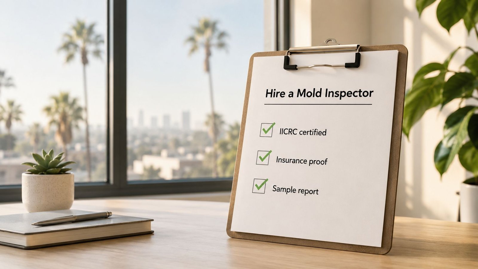 A clipboard on a desk lists requirements for hiring a certified professional mold inspector.
