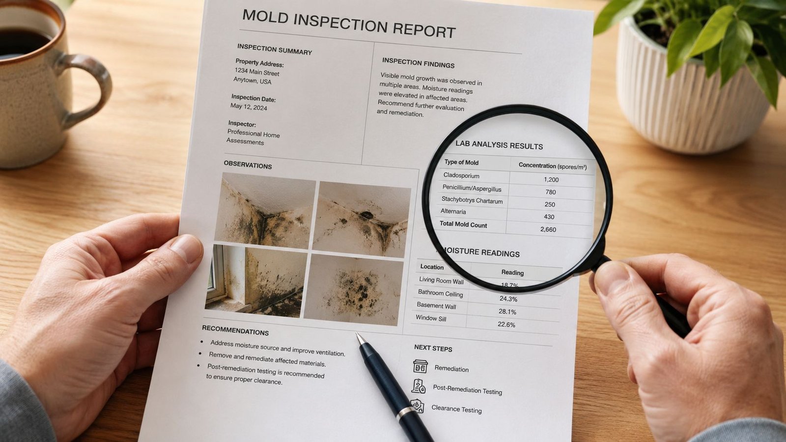 A person reviews a professional mold inspection report held on a wooden desk with a magnifying glass.