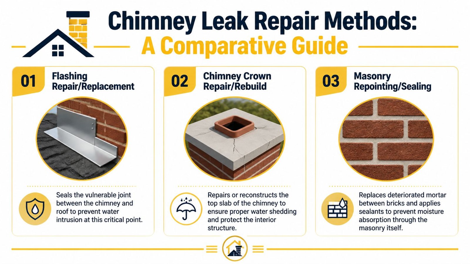 A comparative infographic showing three common methods for chimney leak repair including flashing, crown, and masonry work.