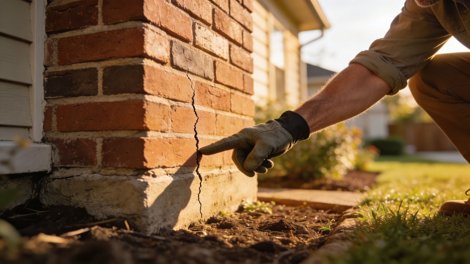 A man wearing a work glove pointing at a crack in a brick chimney foundation near the ground.