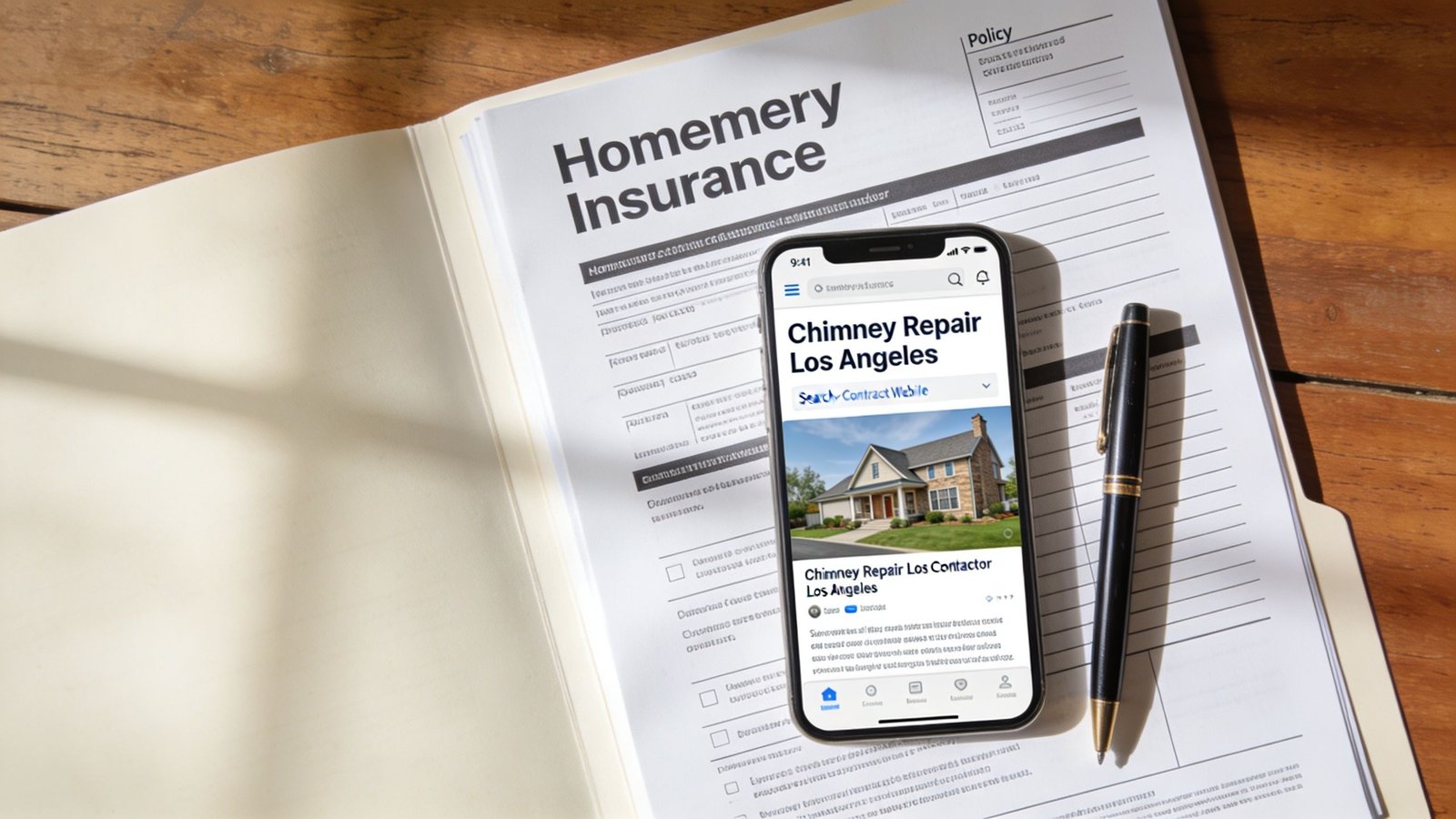 A smartphone displaying a chimney repair service website placed on top of a home insurance document.