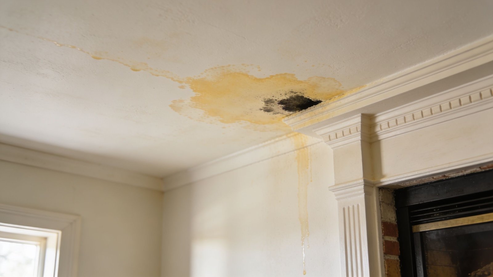 A severe water stain and black mold damage on a ceiling corner above a fireplace mantle.