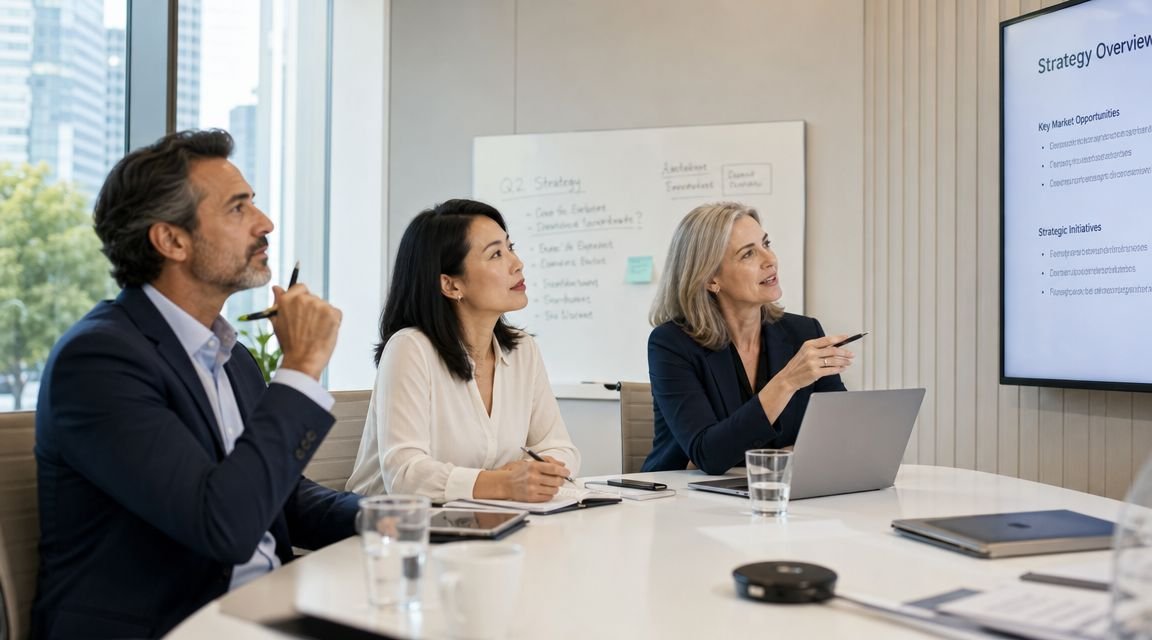 A diverse team of business professionals collaborating during a strategy meeting in a modern office boardroom.