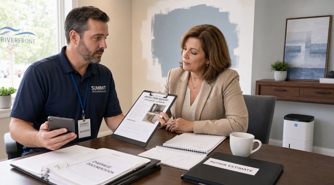 An insurance adjuster reviews an inspection report with a client in a professional office setting.