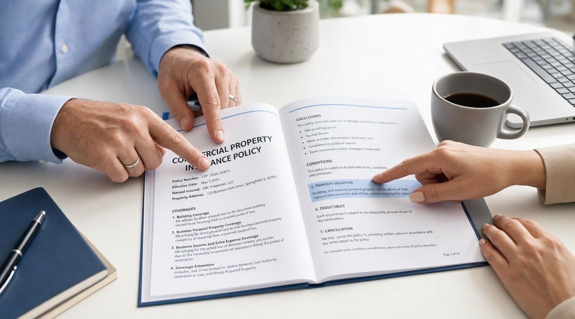 A professional business meeting reviewing the details of a commercial property insurance policy document.