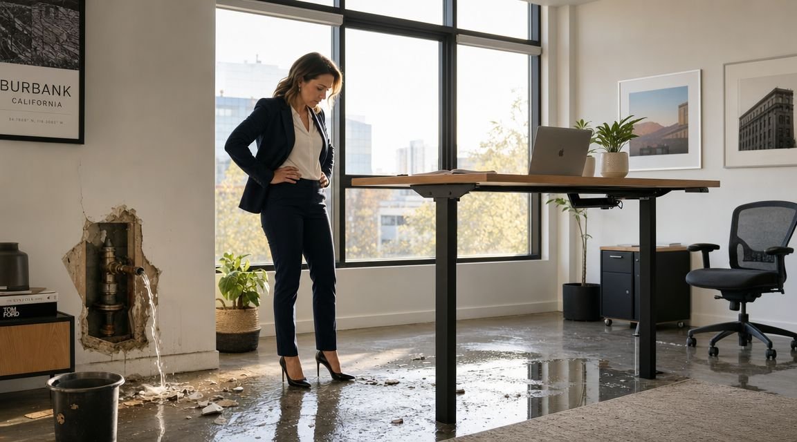 A professional woman in a suit stands in a flooded office looking at a broken wall pipe.