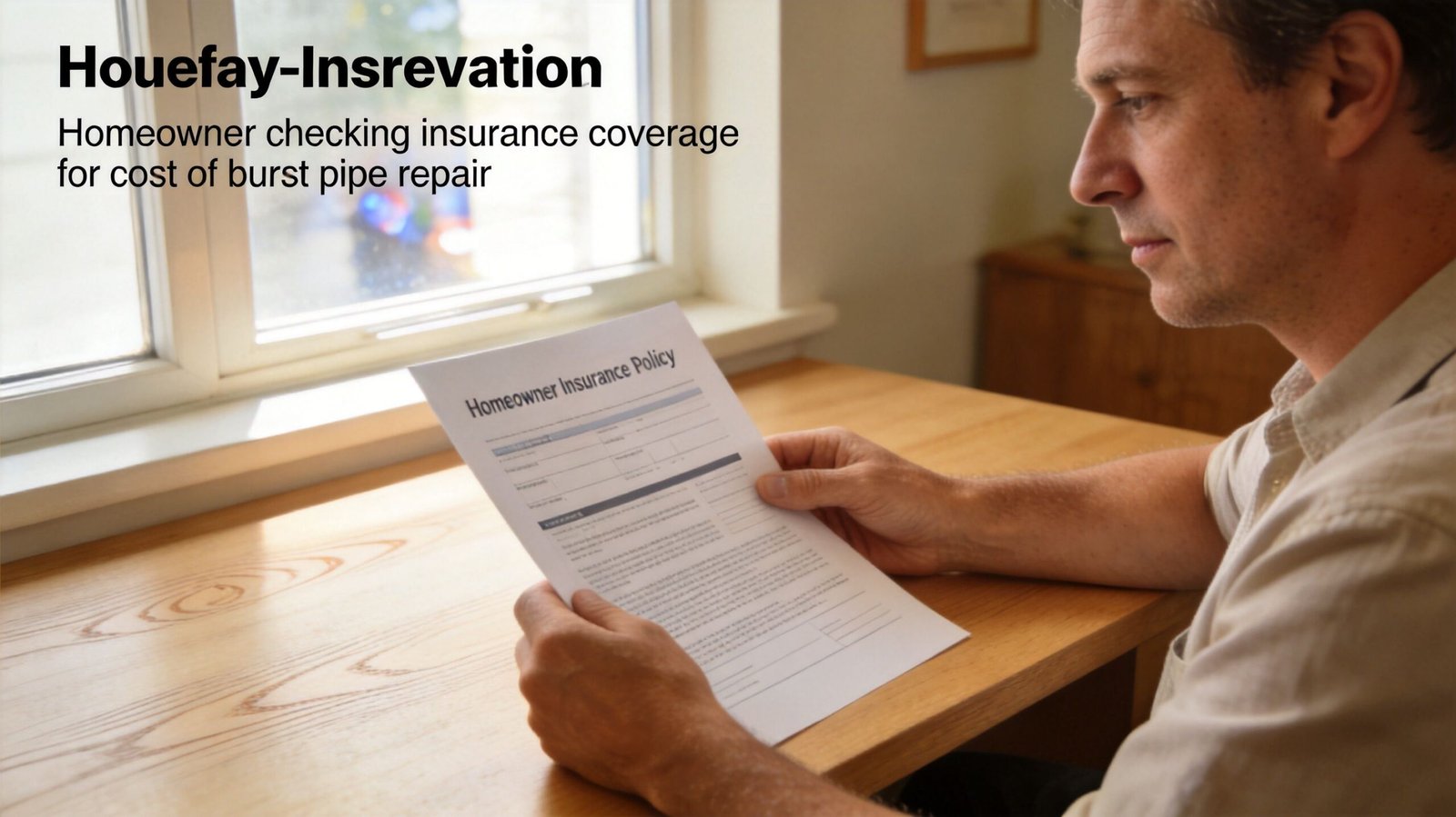 A middle-aged man sitting by a window reading a homeowner insurance policy document at a wooden desk.