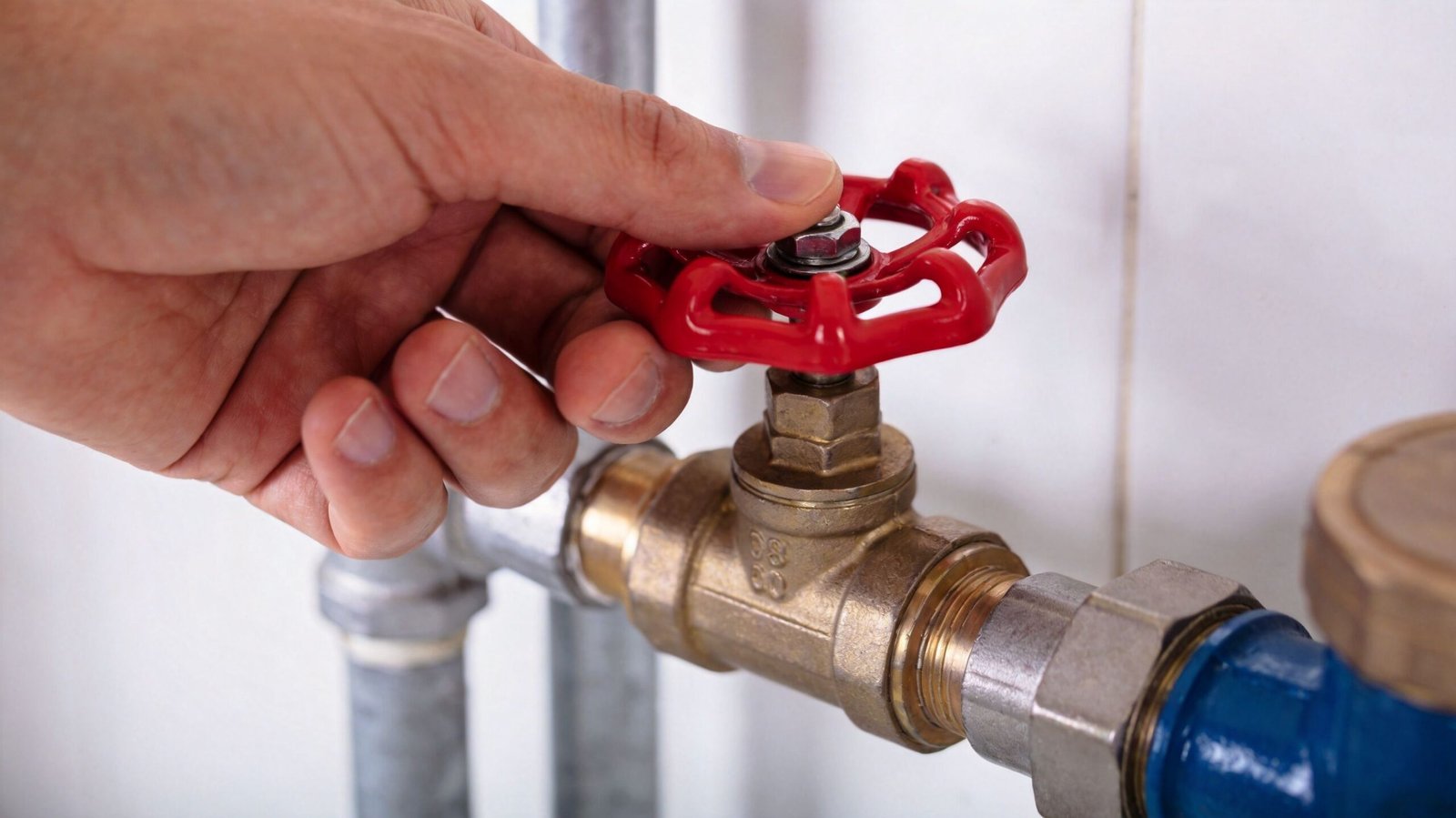 A close-up of a person's hand turning a red valve on a metal plumbing pipe system