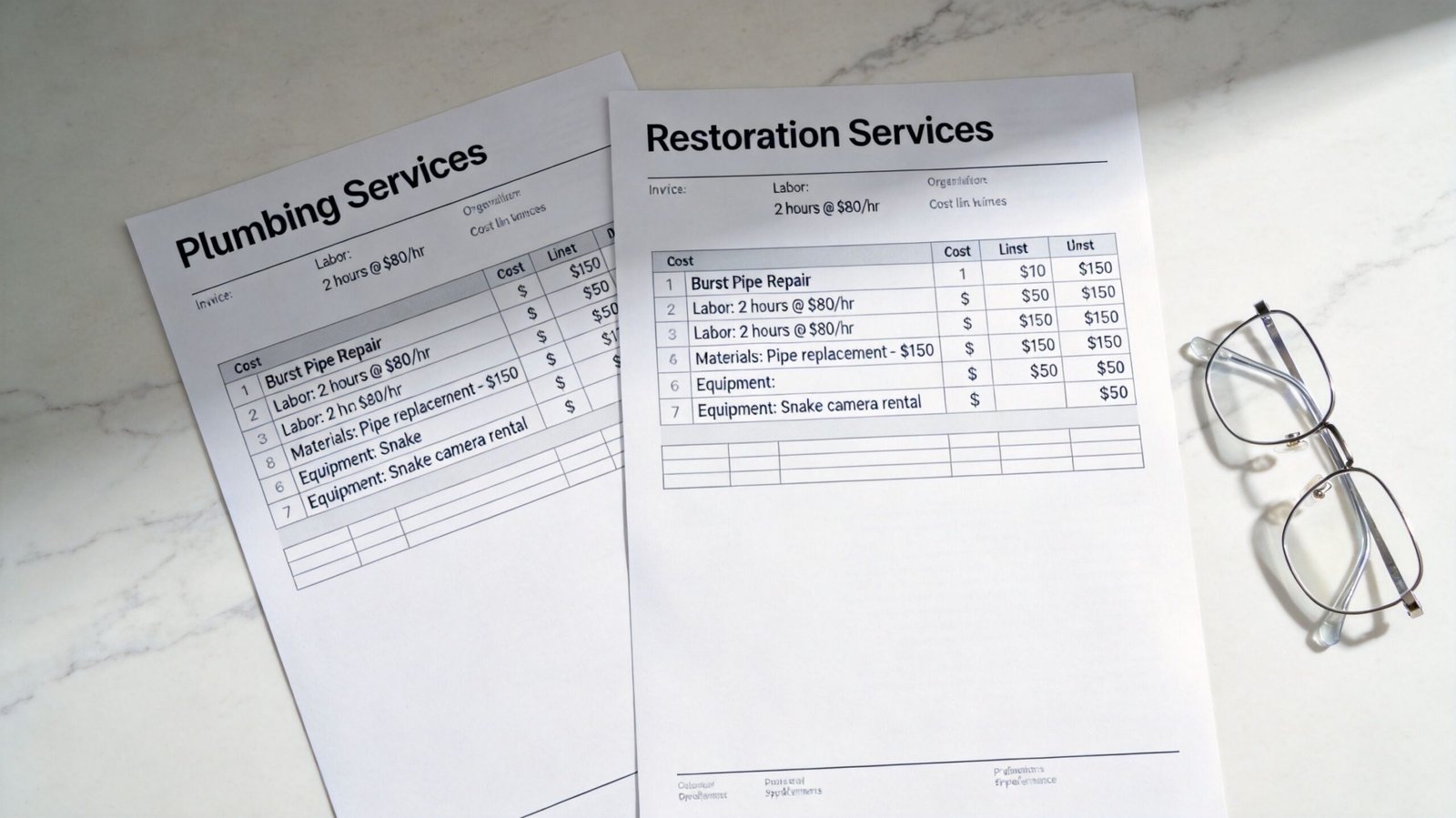 Two service invoices for plumbing and restoration work laying on a marble table next to glasses.