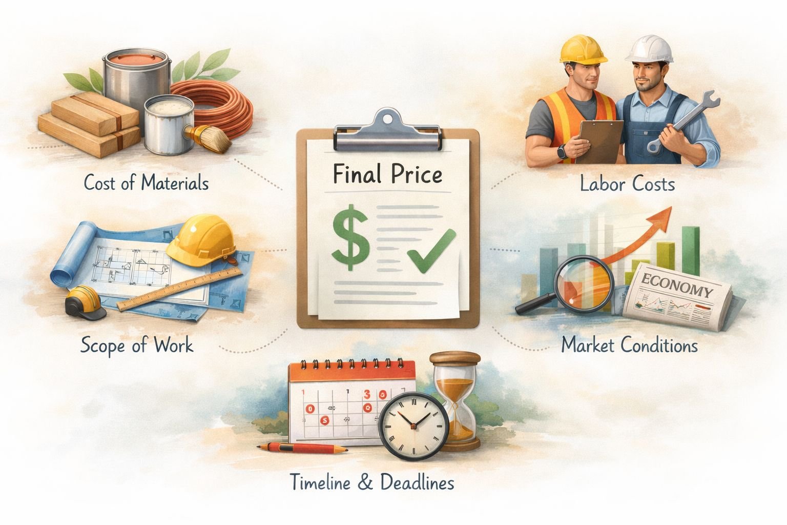 An infographic illustrating the key factors that influence the final price of fire damage restoration projects.
