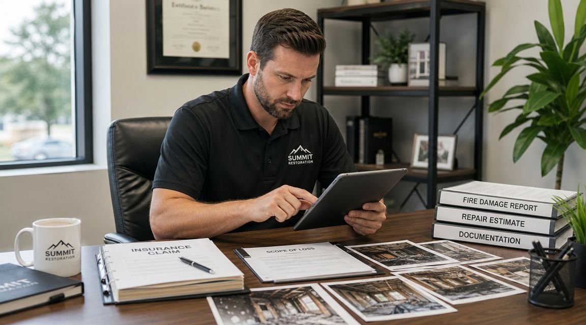 A professional restoration expert reviewing fire damage reports and documents on a digital tablet at his office desk.