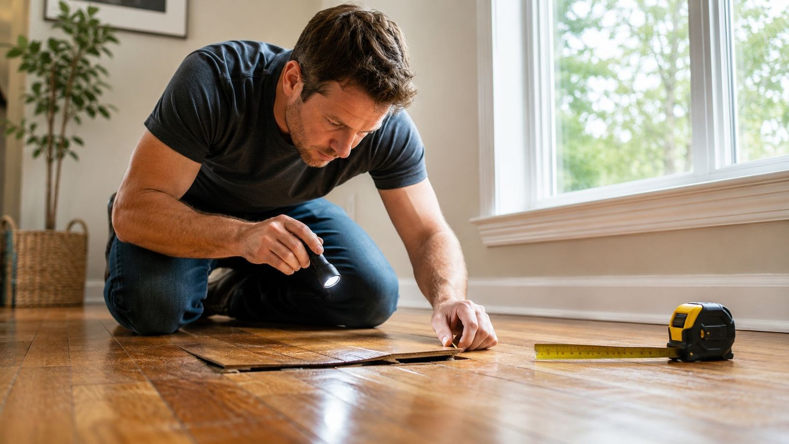 A man kneels on a wooden floor inspecting damaged boards with a flashlight and a tape measure.