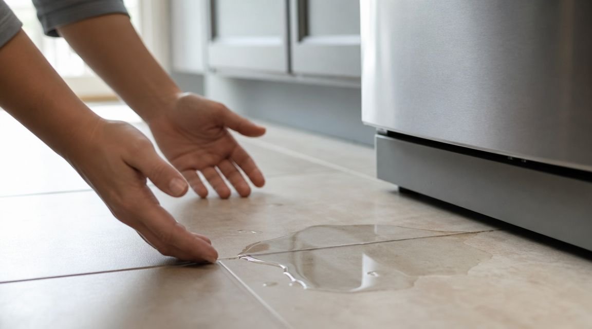 A person pointing to a water leak on the tile floor coming from underneath the dishwasher.
