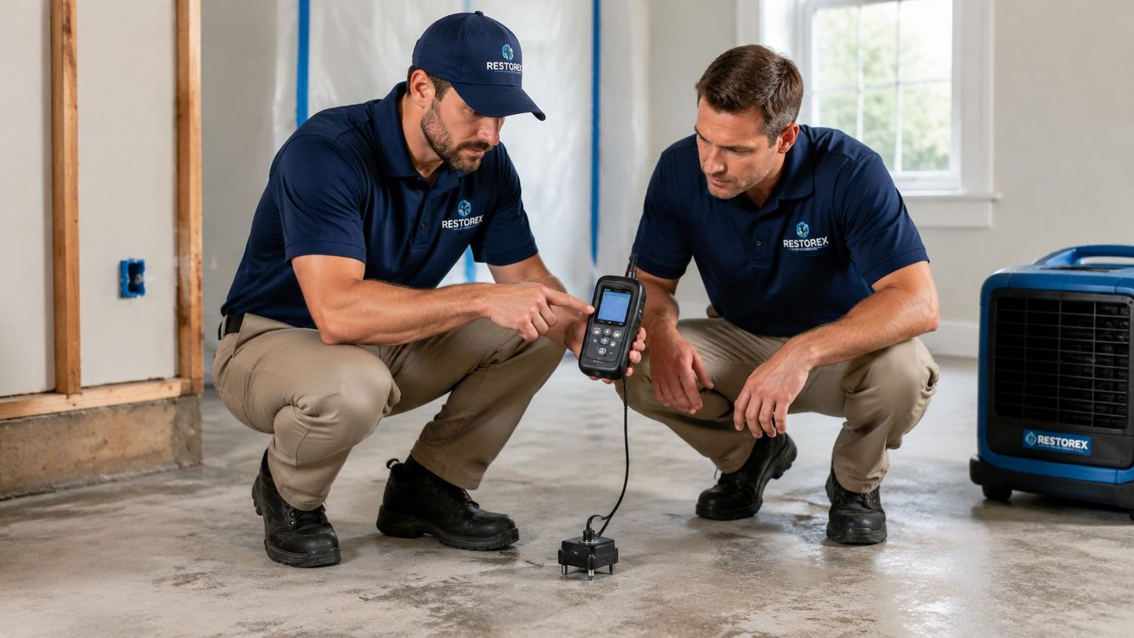 Two technicians in branded shirts inspecting floor moisture with a digital meter in a construction area.