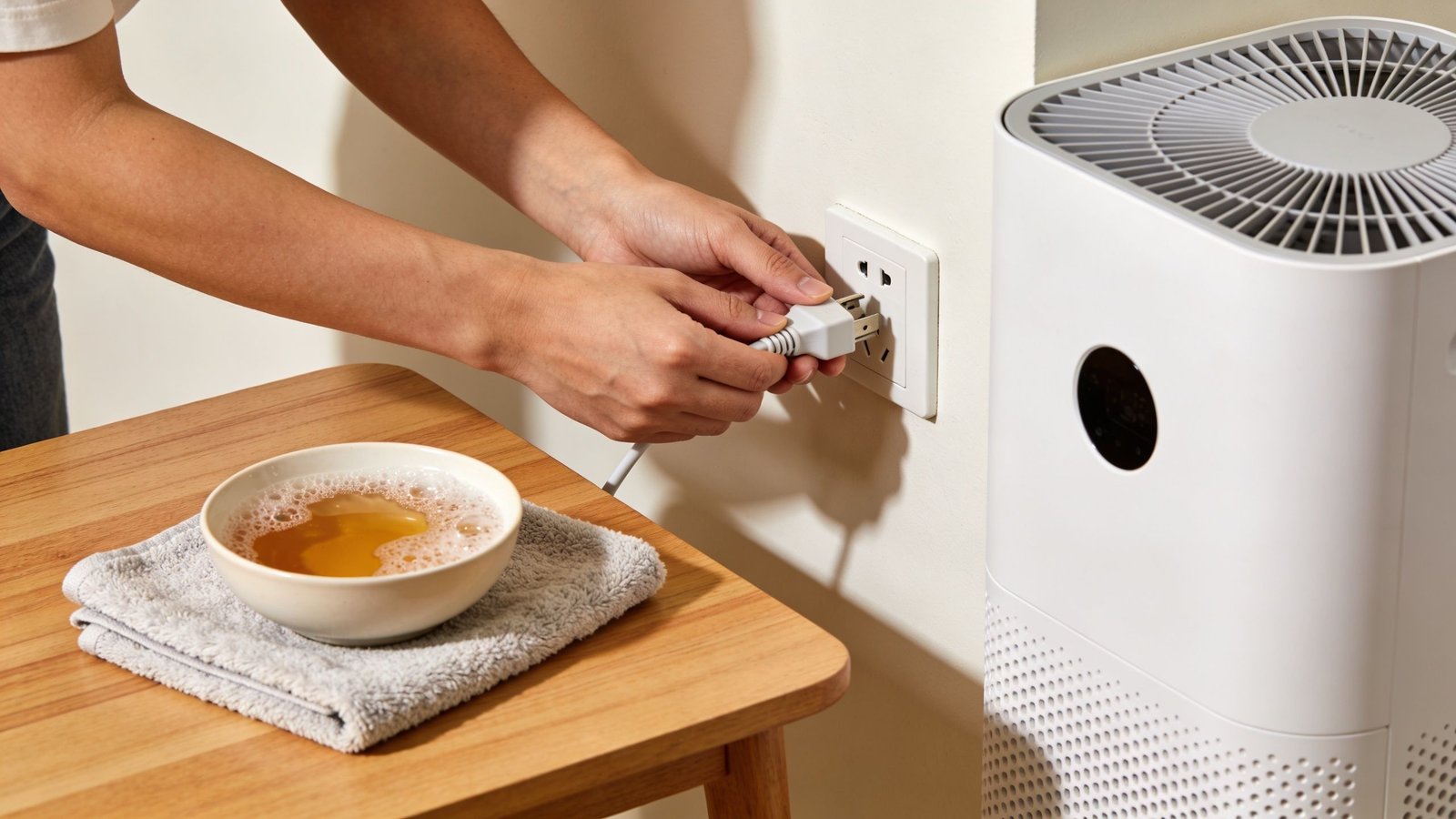 A person plugging in an air purifier after cleaning its filter near a small table.