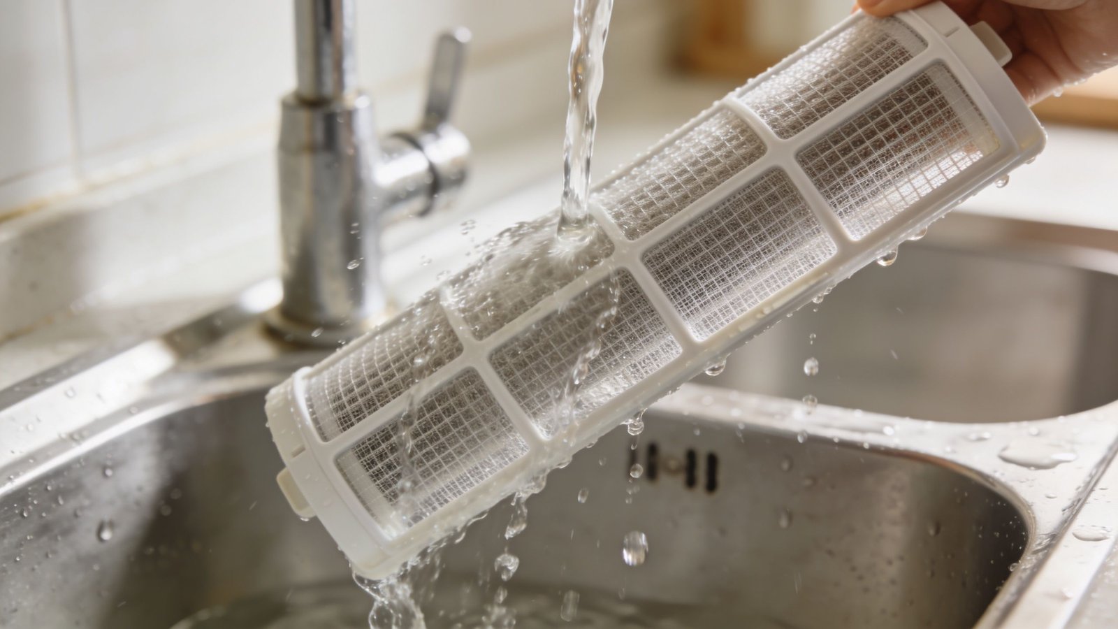 A person washing a dirty white plastic air filter from a dehumidifier under a kitchen faucet.
