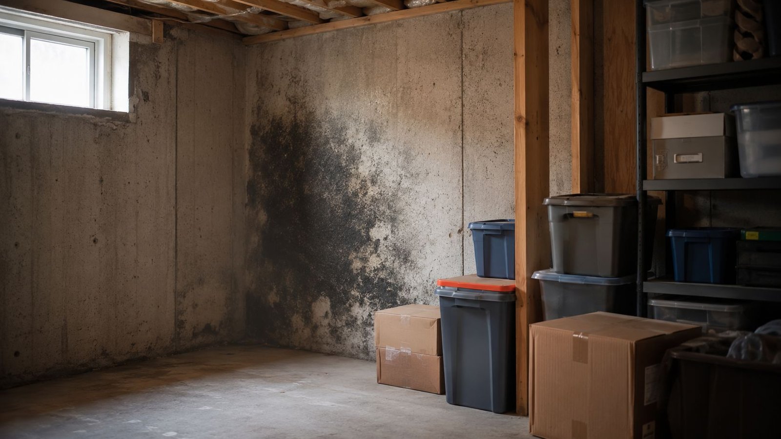 A basement wall showing significant dark mold growth with storage bins and boxes nearby.