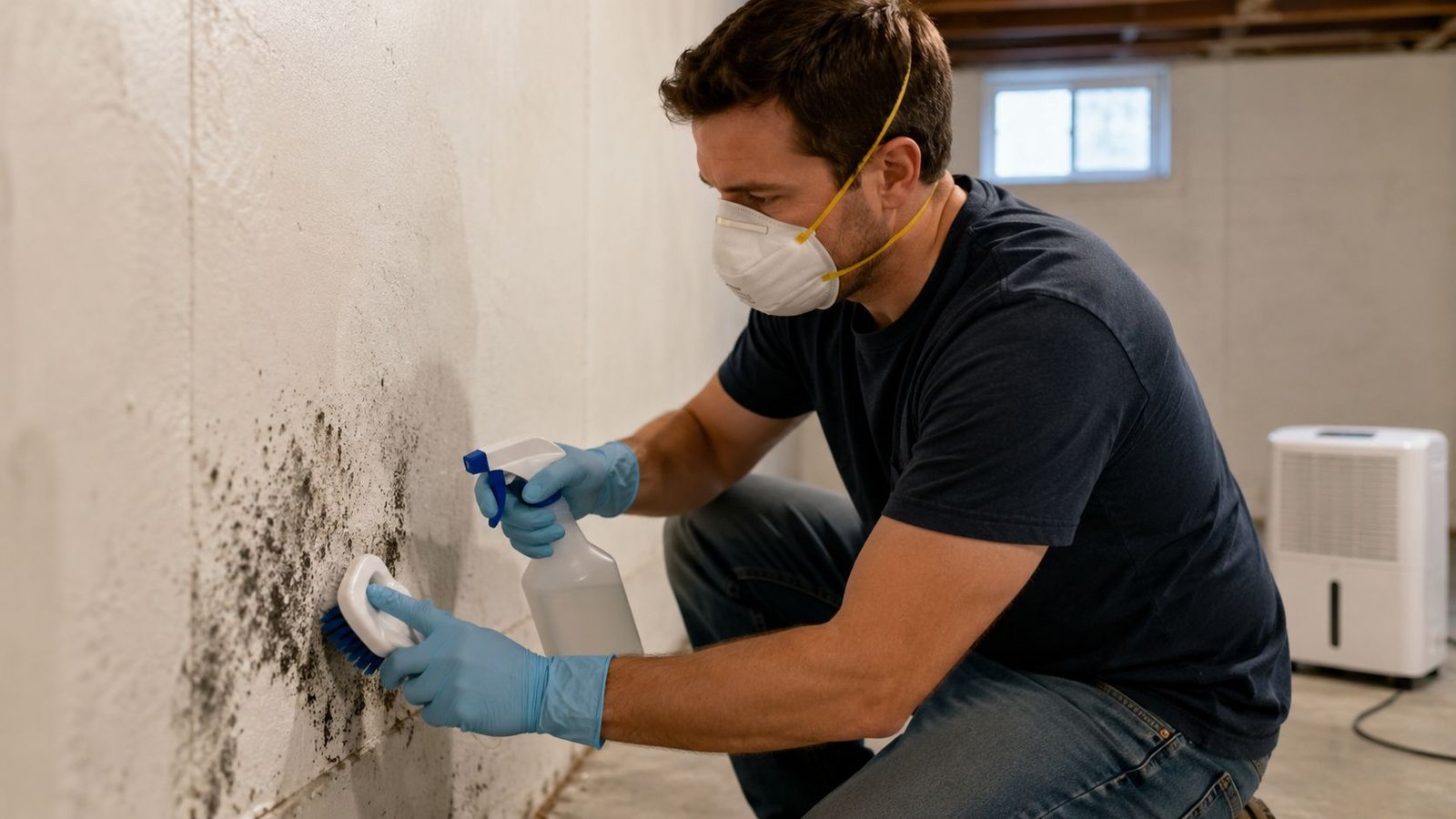 A man wearing a mask and gloves scrubbing black mold off a concrete basement wall.