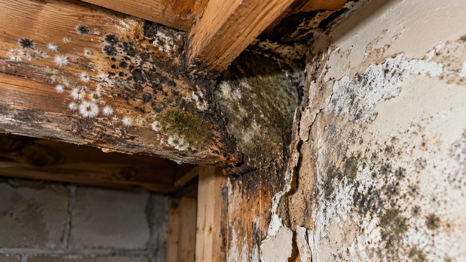 Close-up of severe mold growth and water damage on wooden ceiling beams and drywall in a basement.
