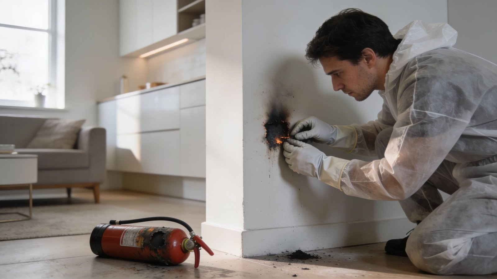 A professional in protective gear examines a burnt electrical socket on a wall near a fire extinguisher.