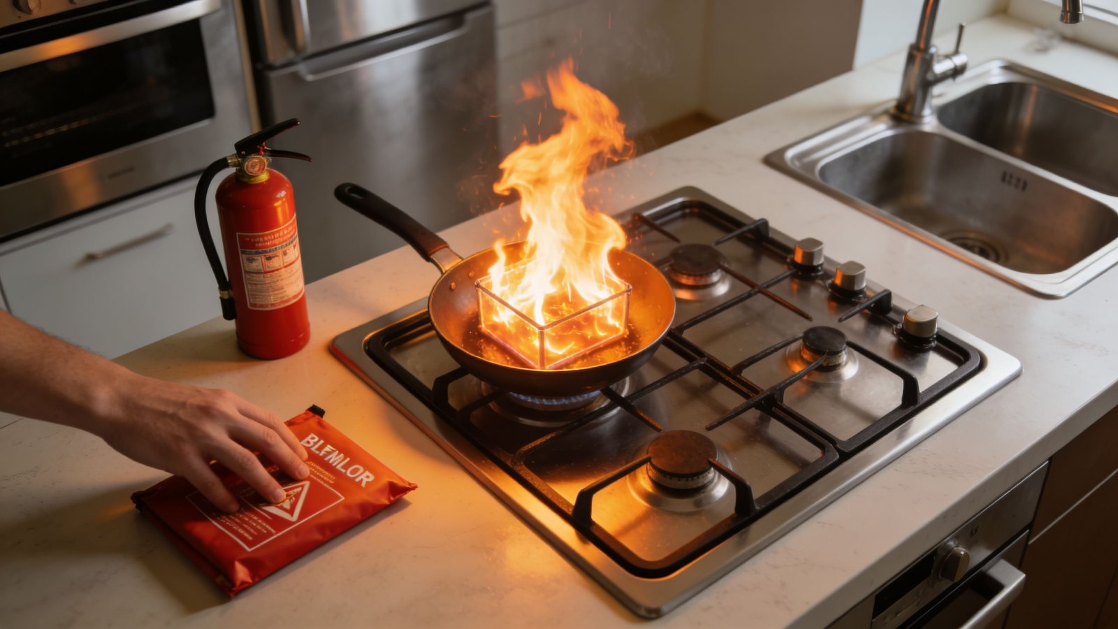 A person in a kitchen prepares to use a fire blanket to extinguish a pan fire.