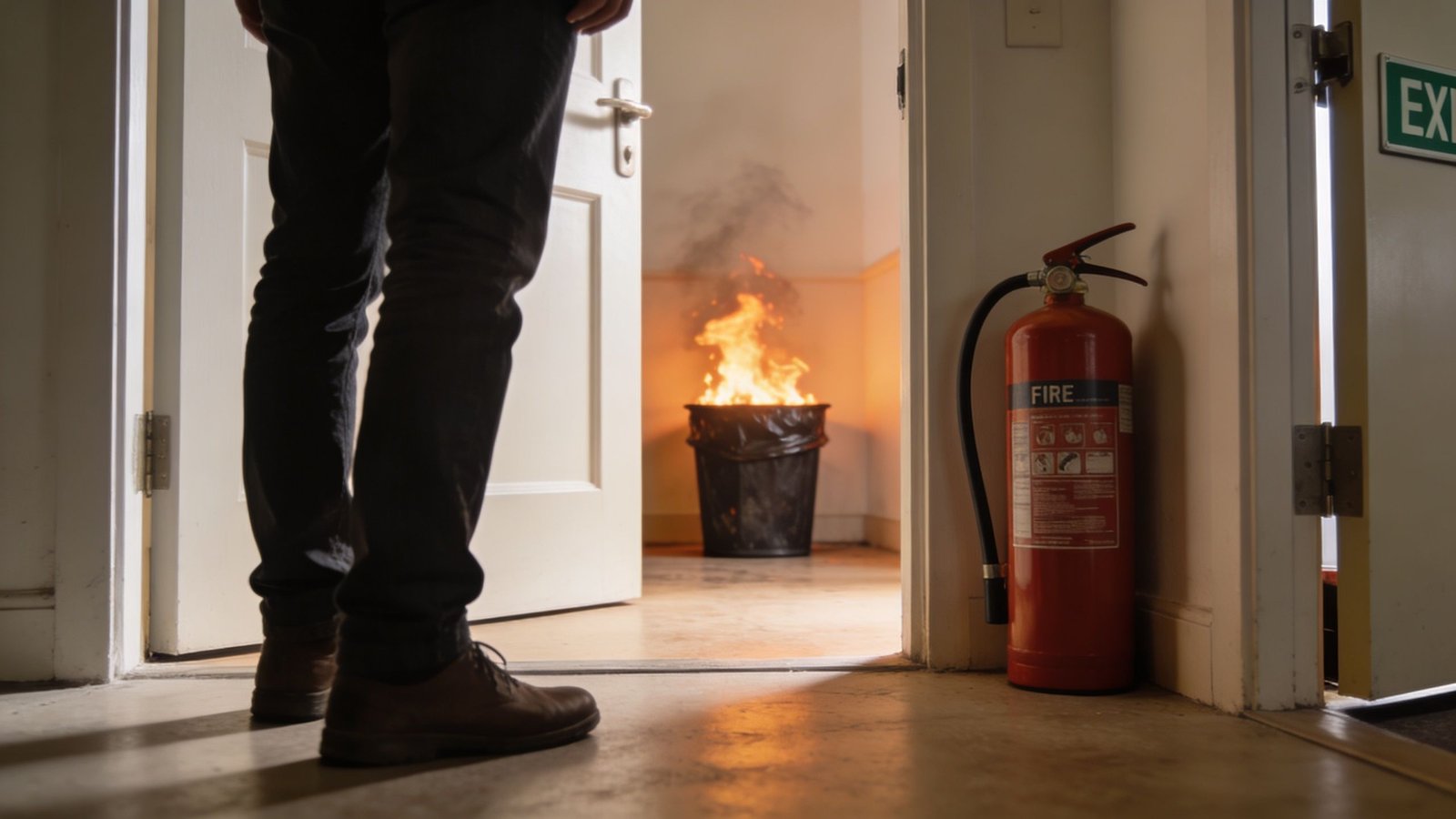 A person standing in a doorway observing a small fire burning inside a wastebasket indoors.