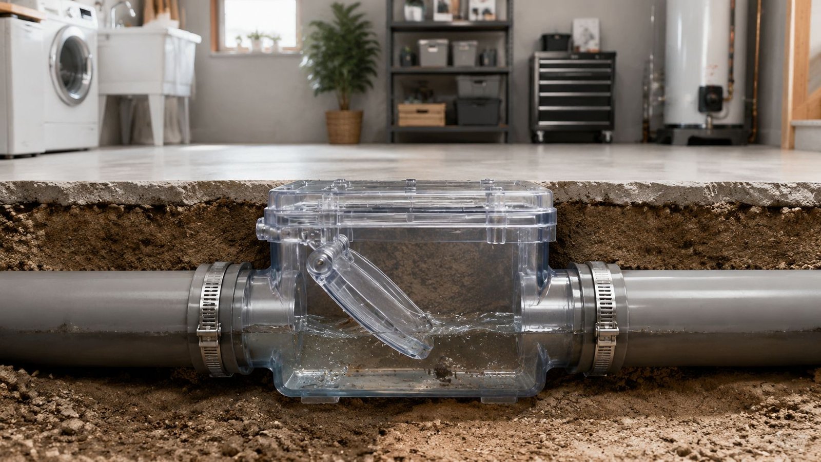 A transparent backwater valve installed on a sewer pipe beneath a concrete basement floor for flood prevention.