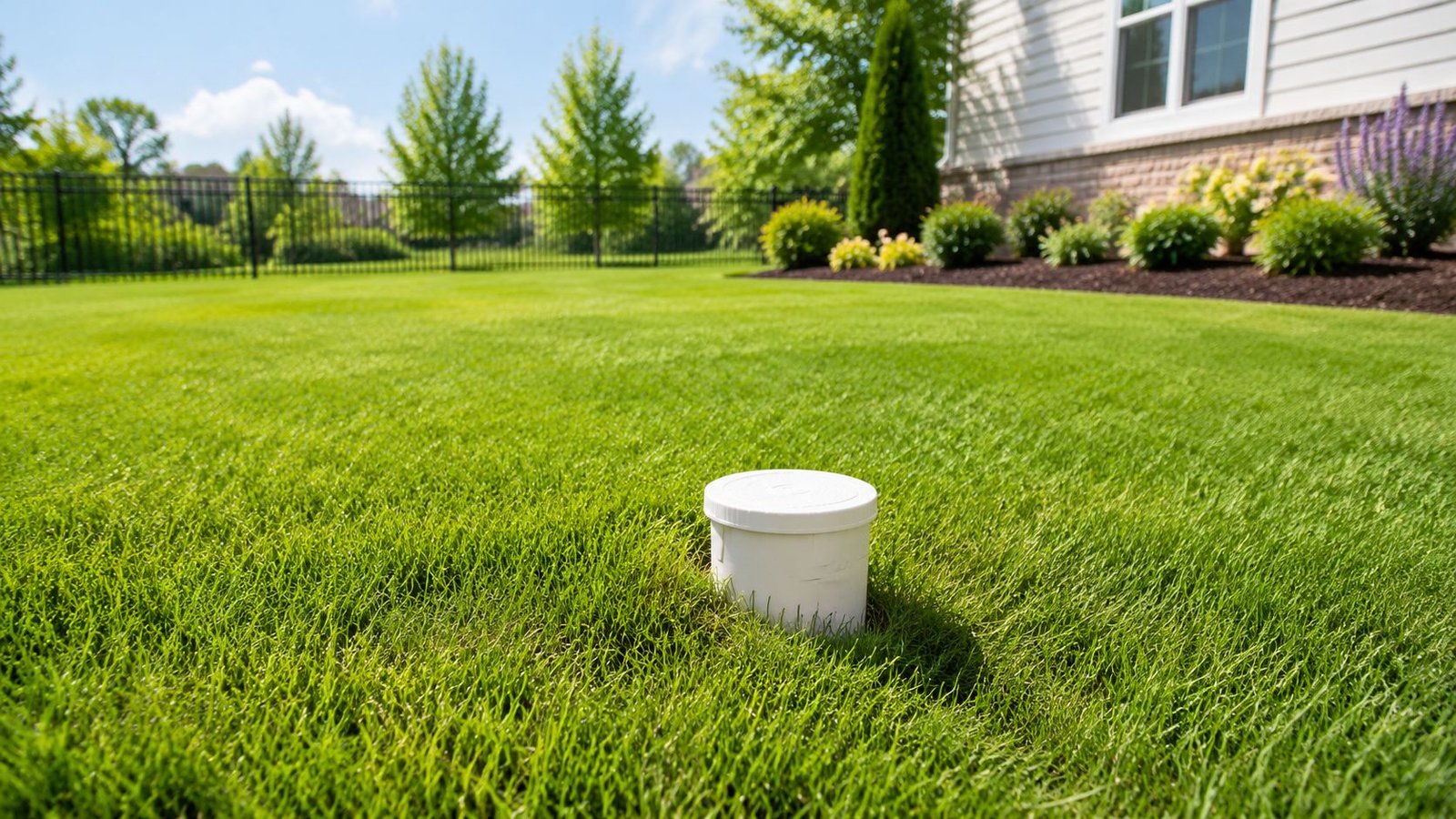 A white sewer cleanout pipe cap sits prominently in a well-maintained green residential lawn.