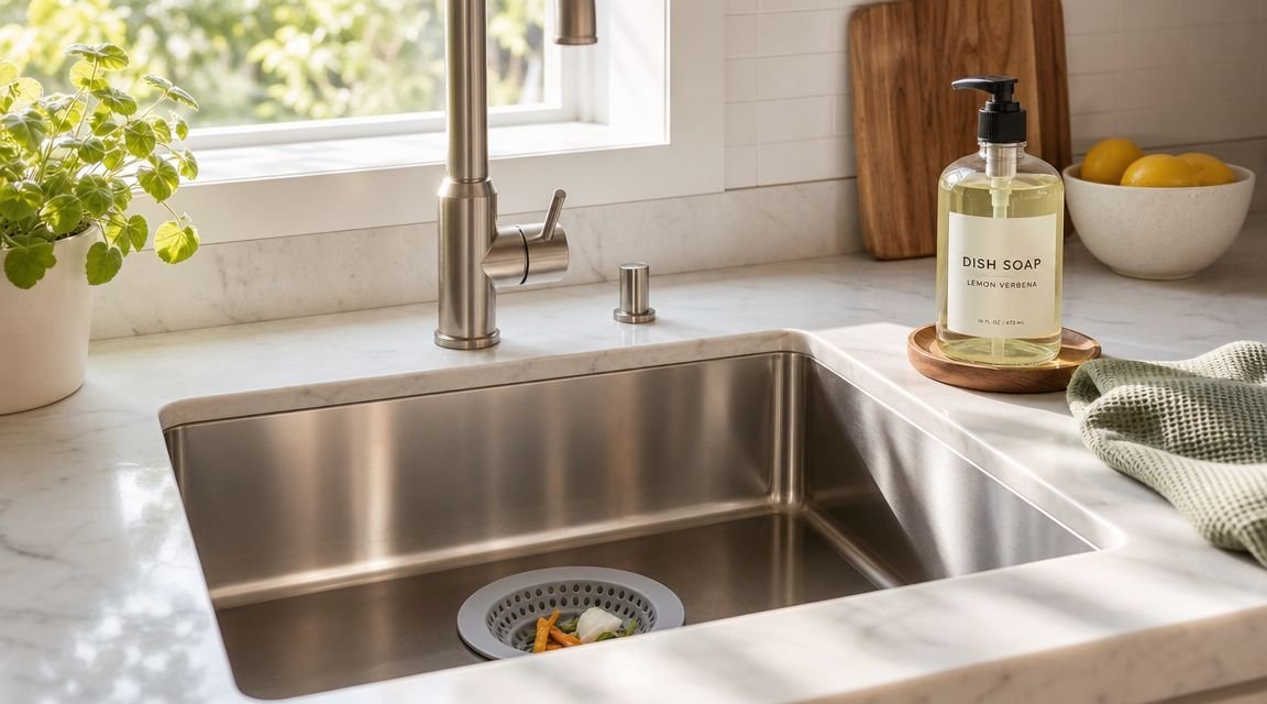 A clean stainless steel kitchen sink set in a marble countertop with soap and a small plant.