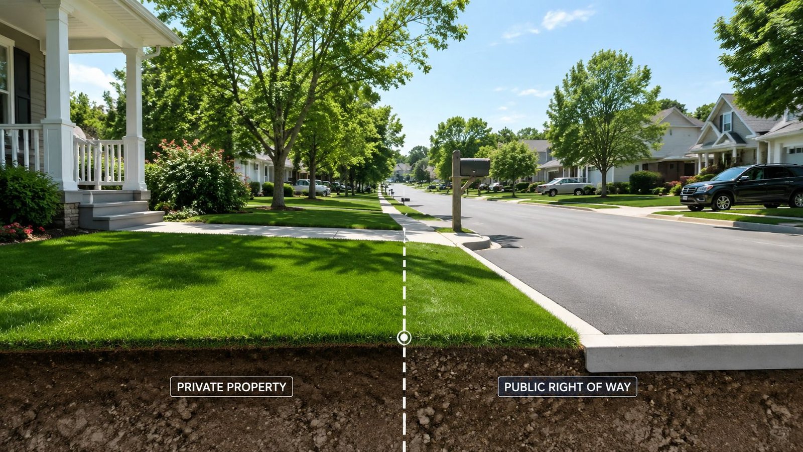 A cross-section illustration showing the boundary between a residential yard and public right of way.