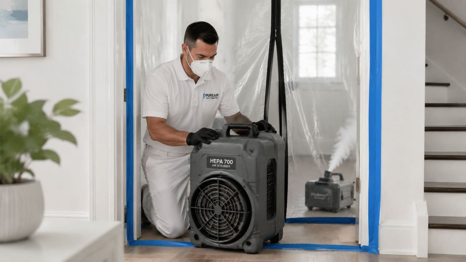 A professional technician in protective gear operating a HEPA air scrubber during smoke restoration cleanup.